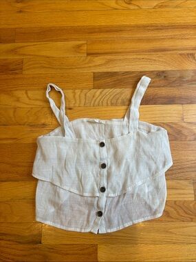 White Linen-Blend Button-Front Crop Top